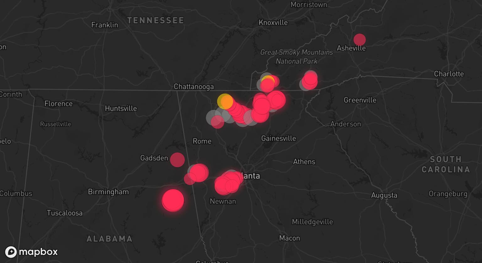 Storm map for 9 areas across Georgia and North Carolina