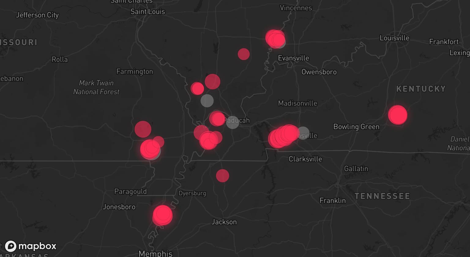 Storm map for 7 areas across Missouri, Tennessee, Kentucky, Illinois, and Indiana