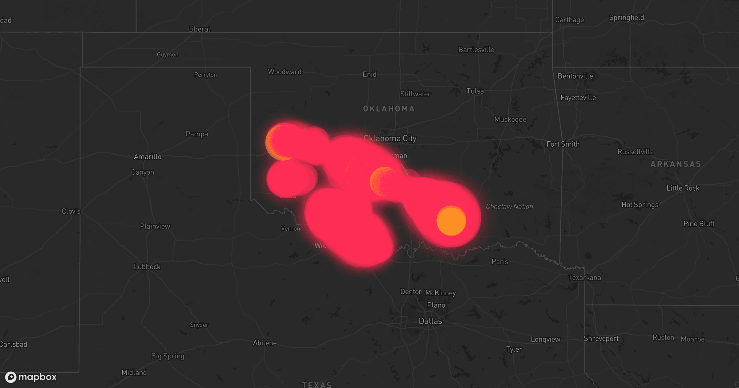 Storm map for 14 areas across Oklahoma and Texas