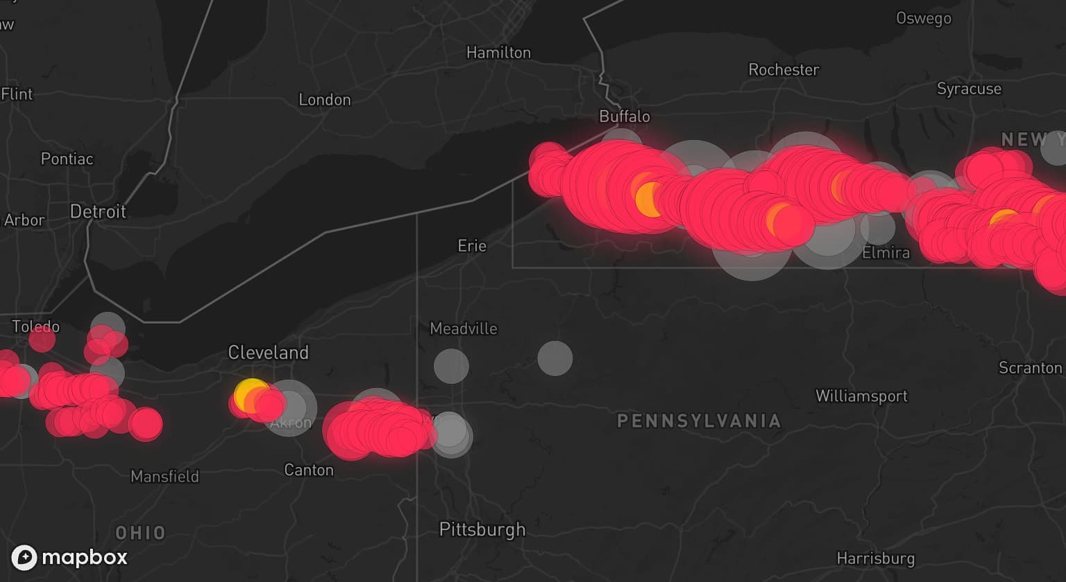 Storm map for 16 areas across New York, Ohio, Indiana, US, and Pennsylvania