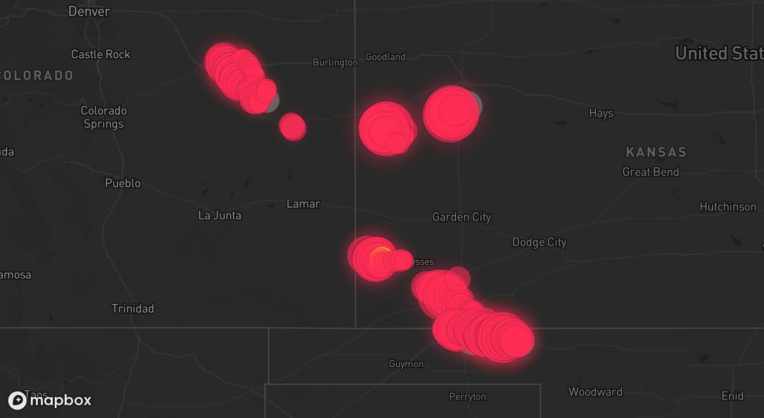 Storm map for 11 areas across Kansas, Oklahoma, and Colorado
