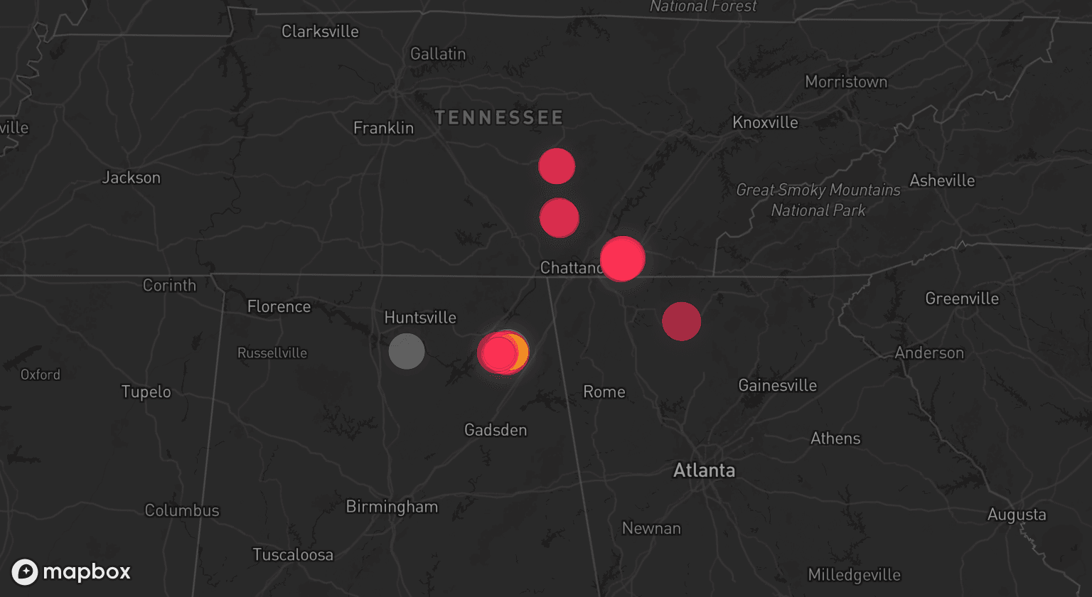 Storm map for 3 areas across Alabama and Tennessee