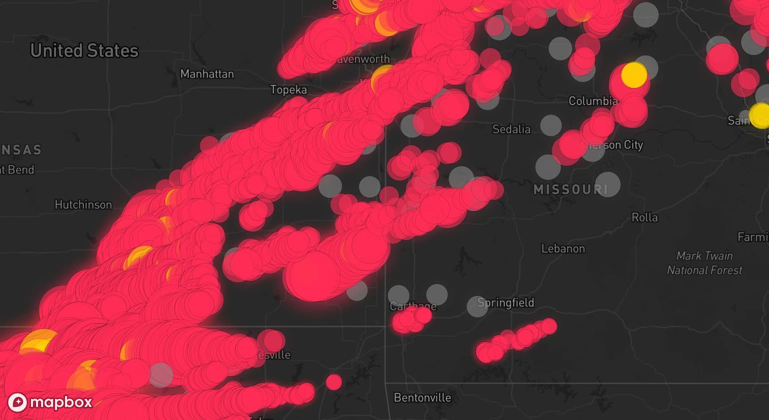 Storm map for 226 areas across Oklahoma, Wisconsin, Missouri, Illinois, Iowa, Kansas, Indiana, and Michigan