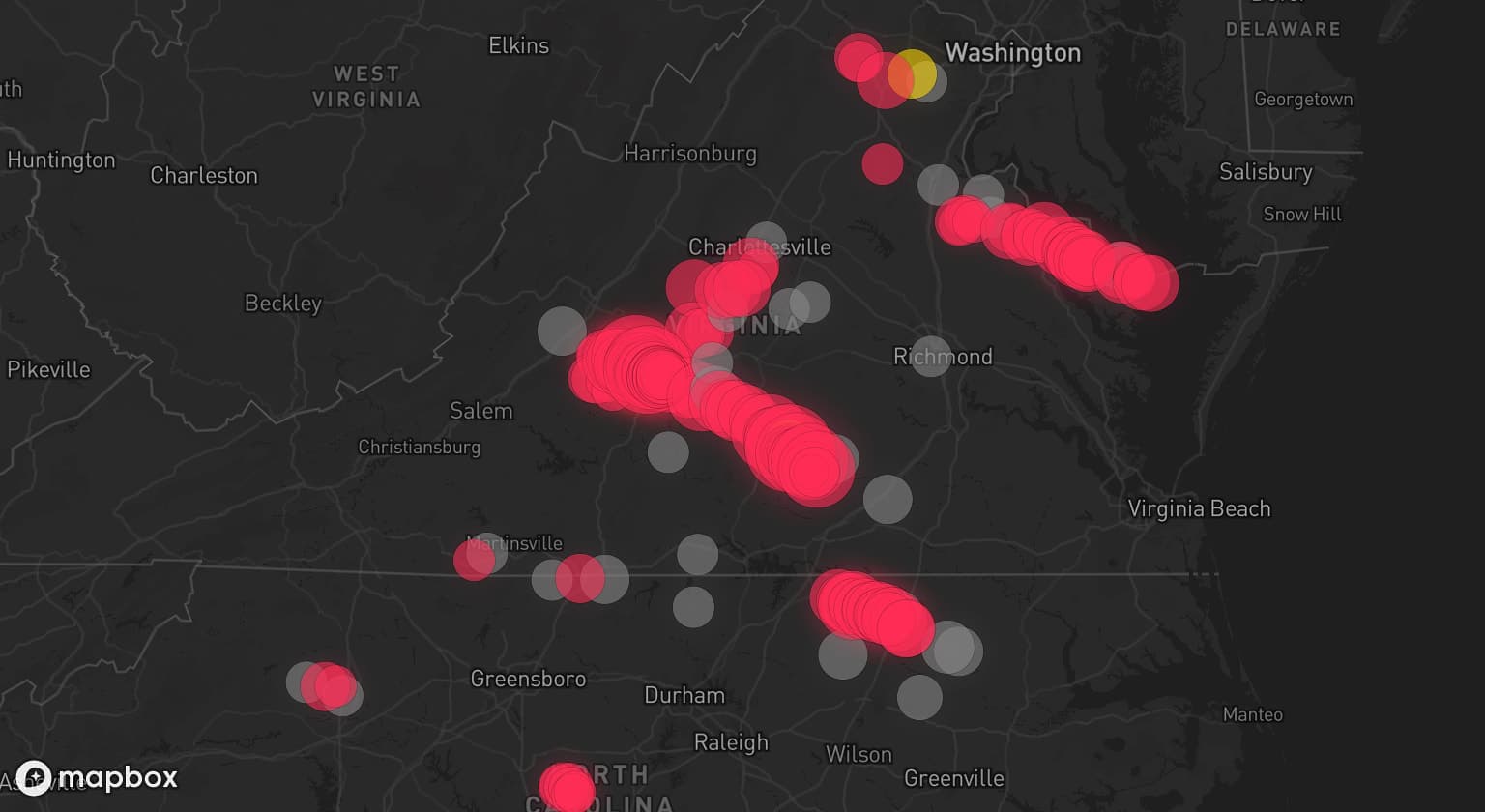 Storm map for 32 areas across North Carolina and Virginia