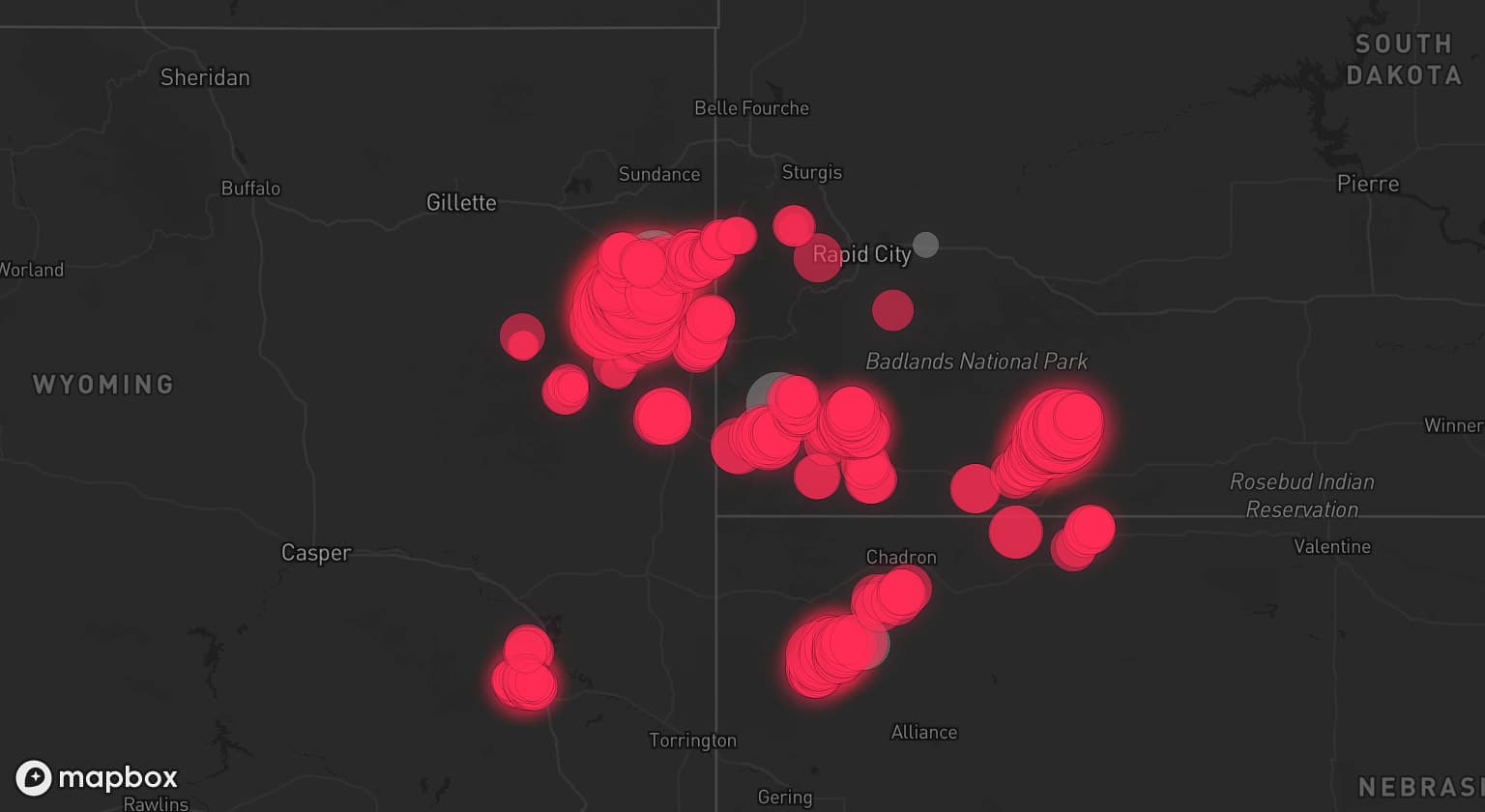 Storm map for 4 areas across Wyoming, South Dakota, and Nebraska