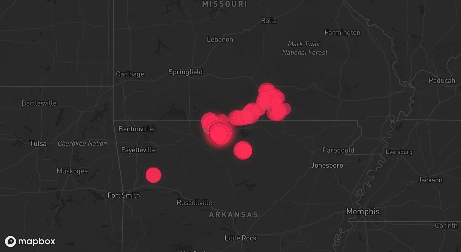 Storm map for 4 areas across Arkansas and Missouri