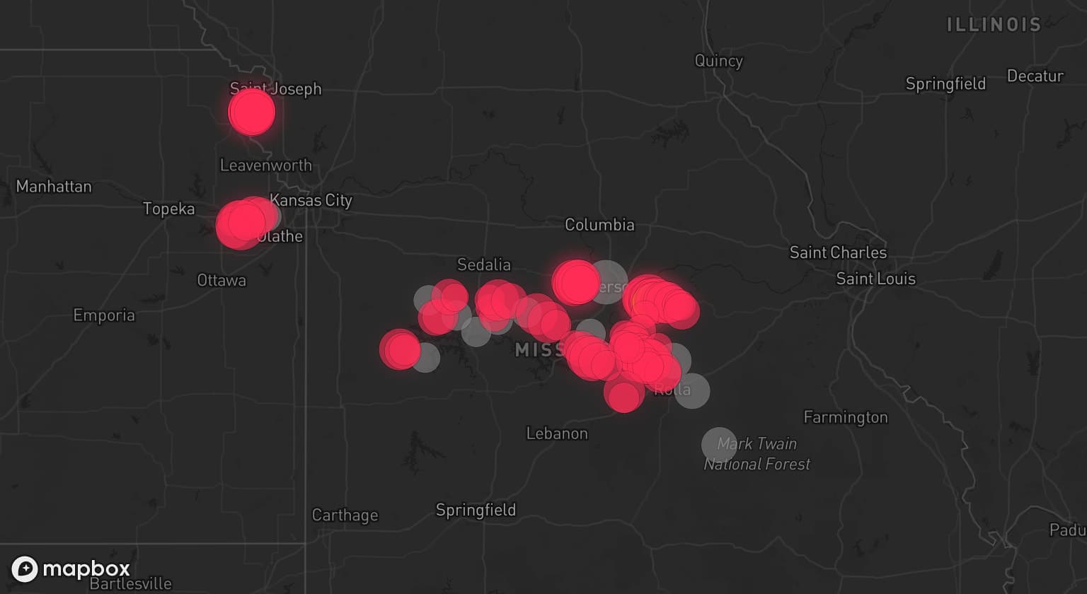 Storm map for 13 areas across Missouri and Kansas