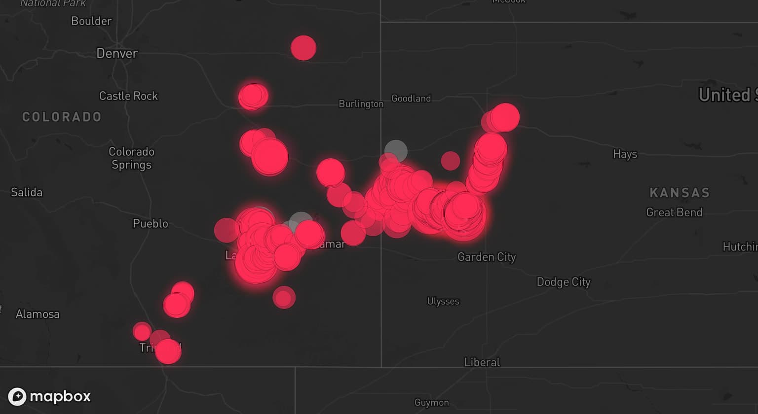Storm map for 5 areas across Colorado and Kansas