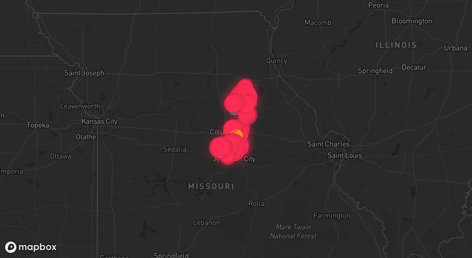Storm map for 4 areas across Missouri