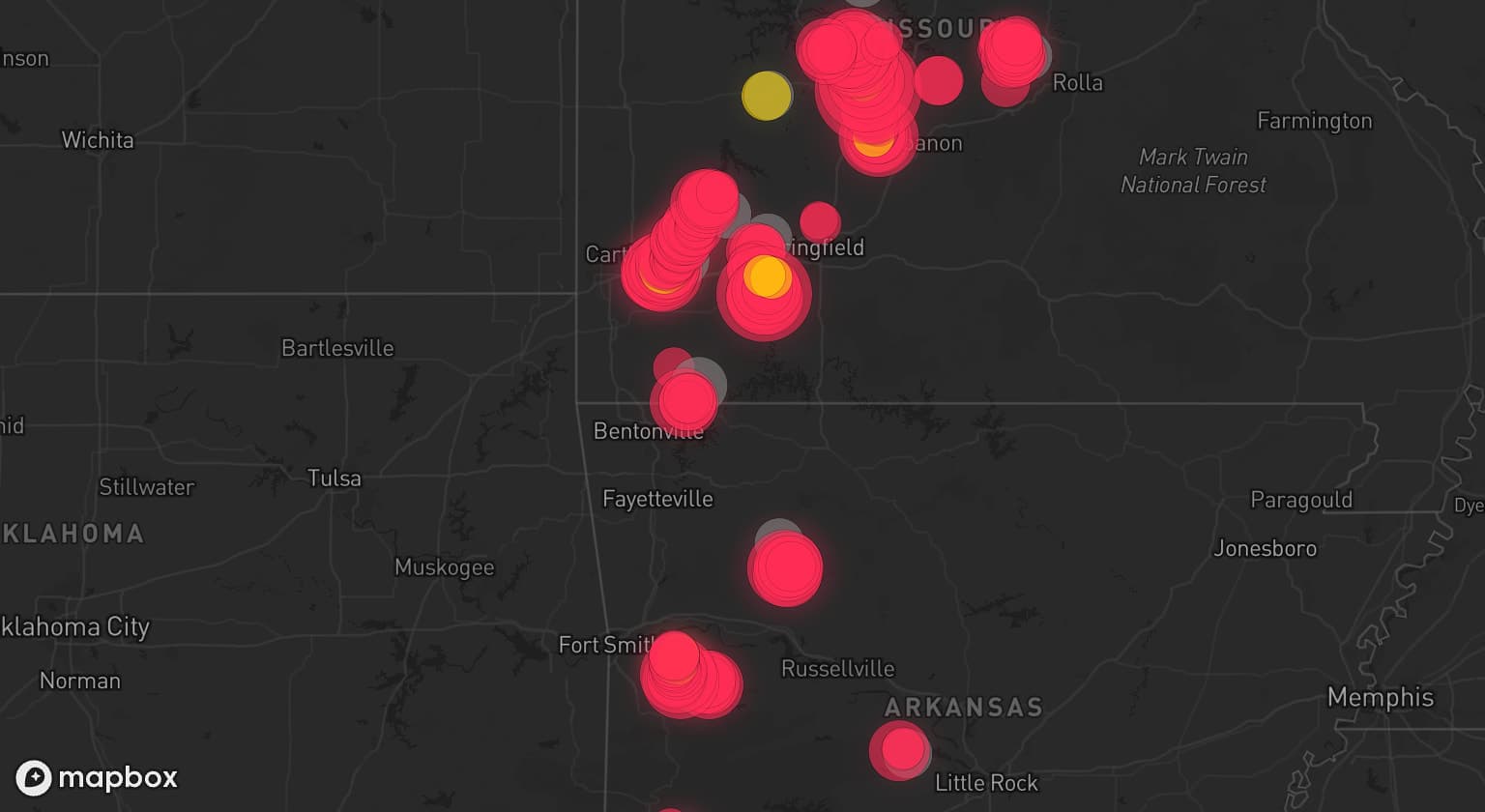Storm map for 18 areas across Missouri, Texas, and Arkansas