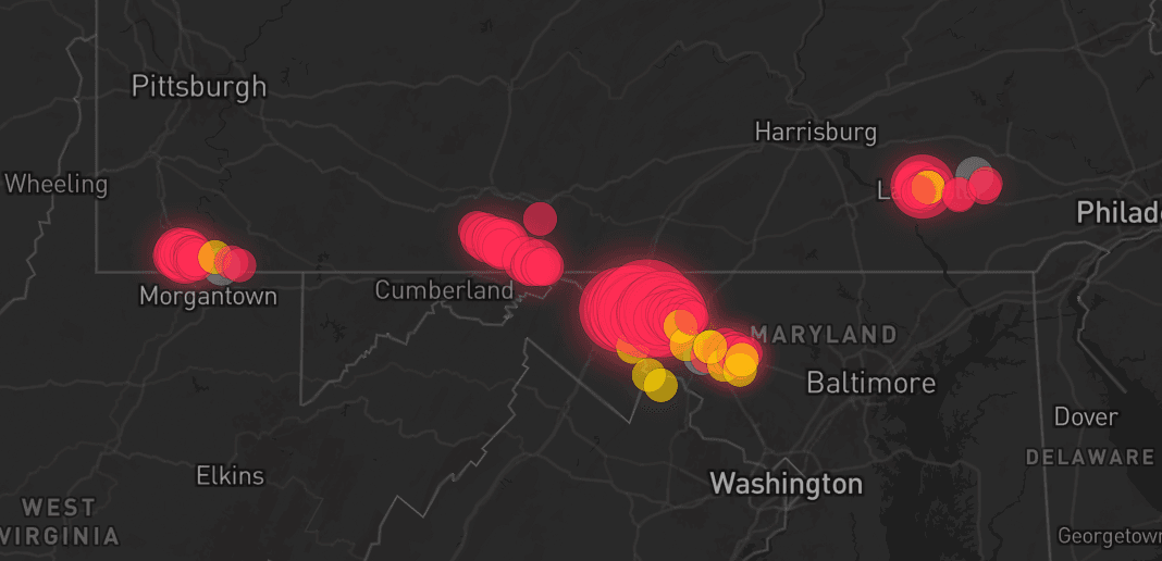 Storm map for 5 areas across Pennsylvania and Maryland