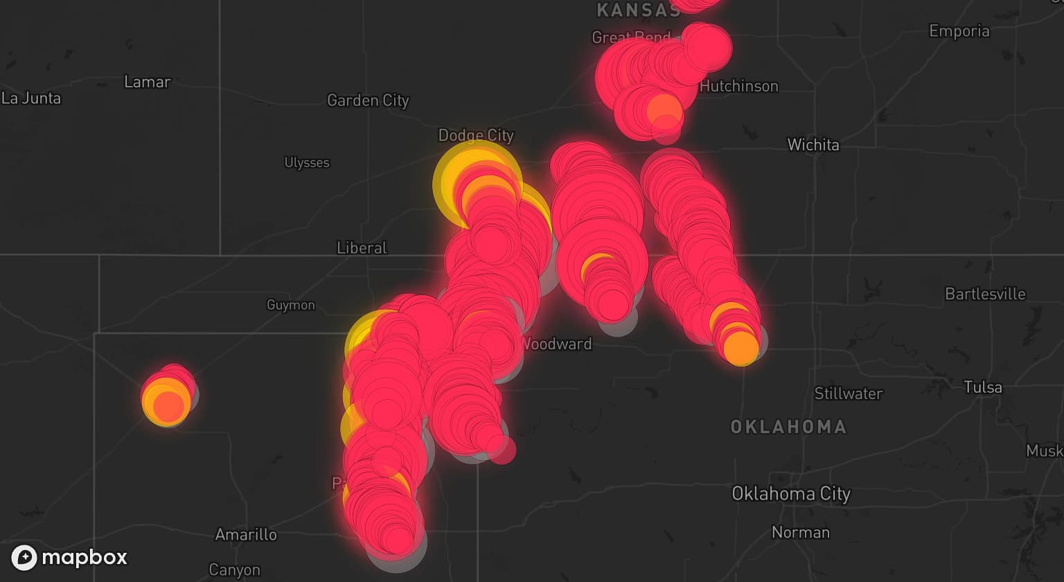 Storm map for 35 areas across Oklahoma, Texas, and Kansas