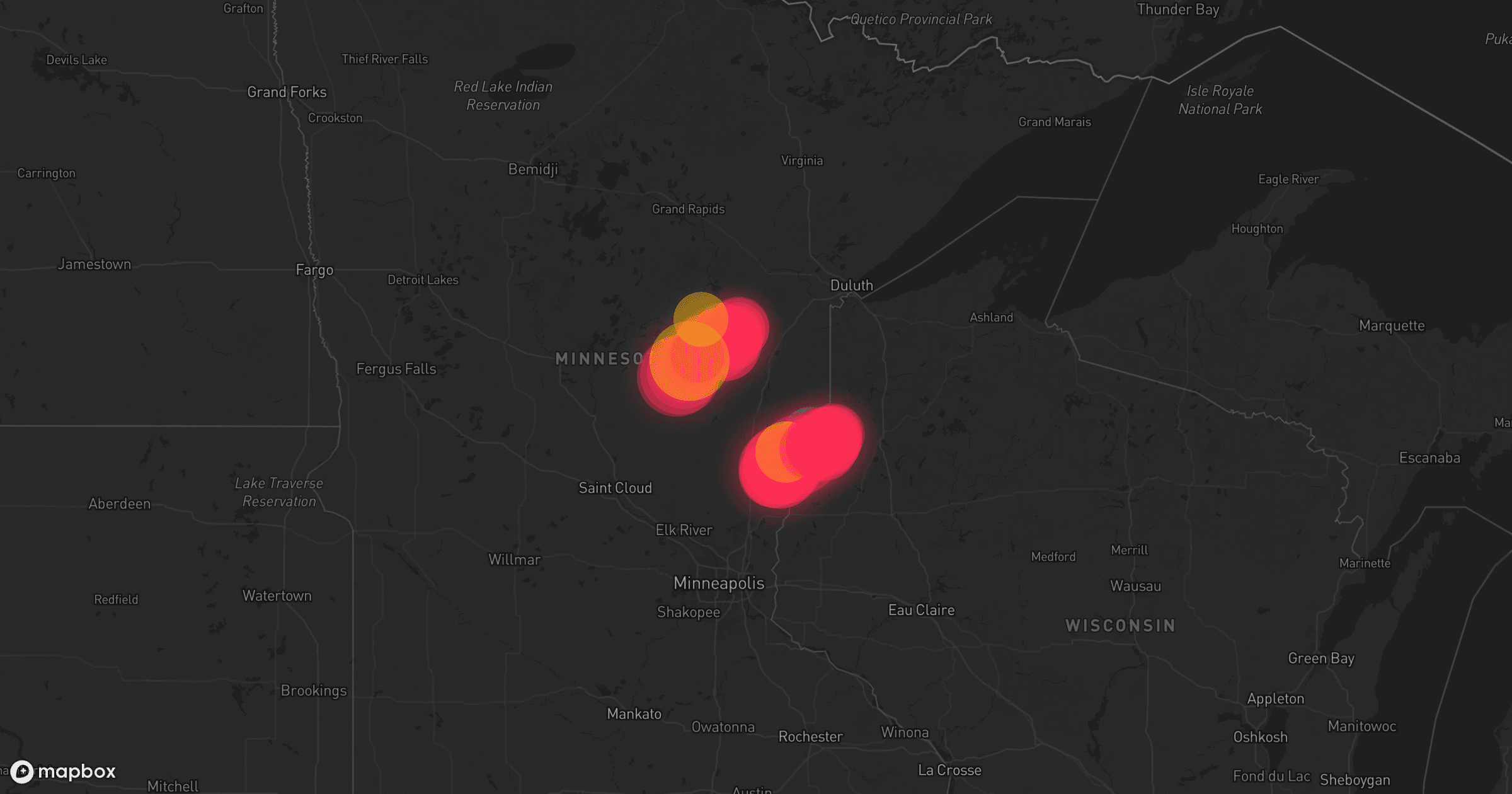 Storm map for 2 areas across Minnesota and Wisconsin