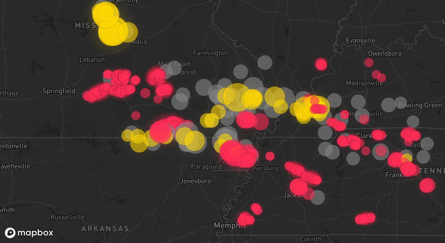 Storm map for 61 areas across Arkansas, Kentucky, Missouri, Tennessee, and Illinois