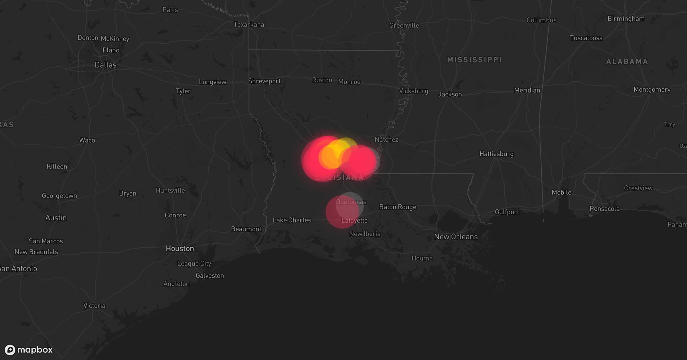 Storm map for 5 areas across Mississippi and Louisiana