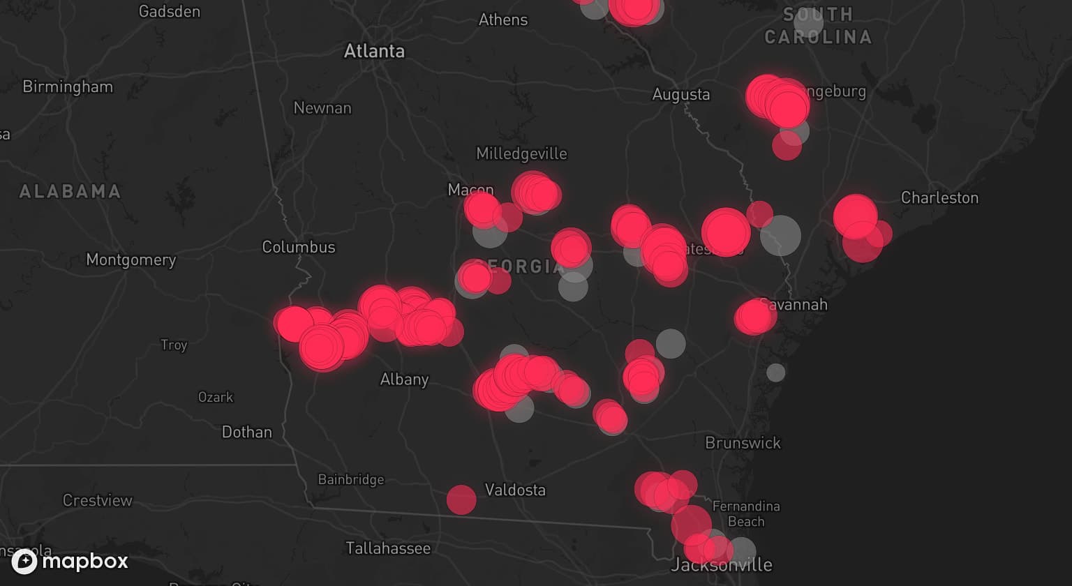 Storm map for 29 areas across South Carolina, Georgia, and Florida