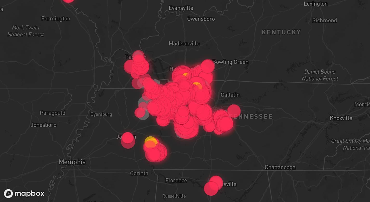 Storm map for 19 areas across Kentucky, Tennessee, Alabama, and Illinois