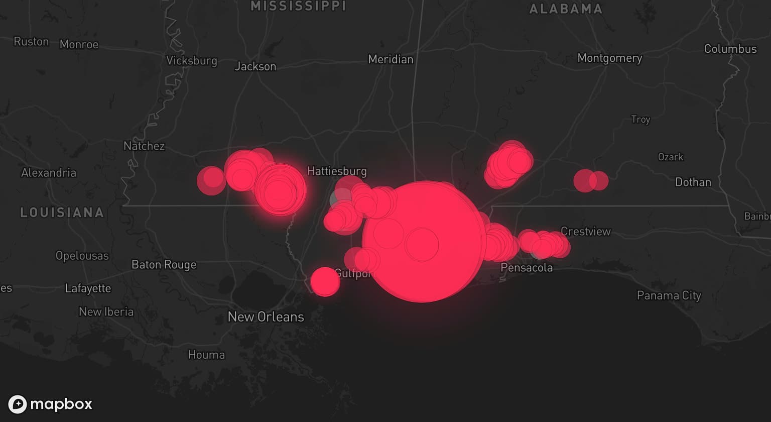 Storm map for 15 areas across Mississippi, Alabama, and Florida