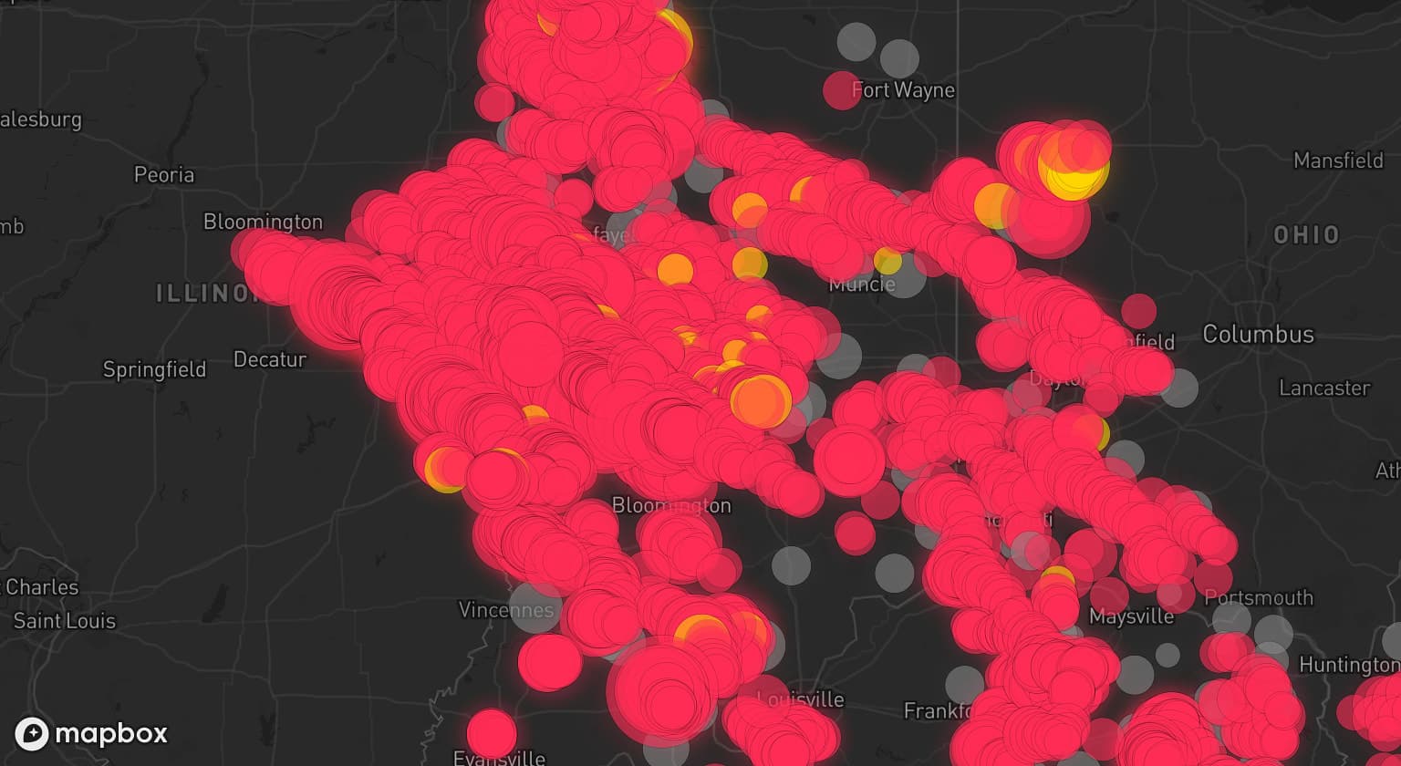 Storm map for 120 areas across Indiana, Ohio, Kentucky, Illinois, and West Virginia