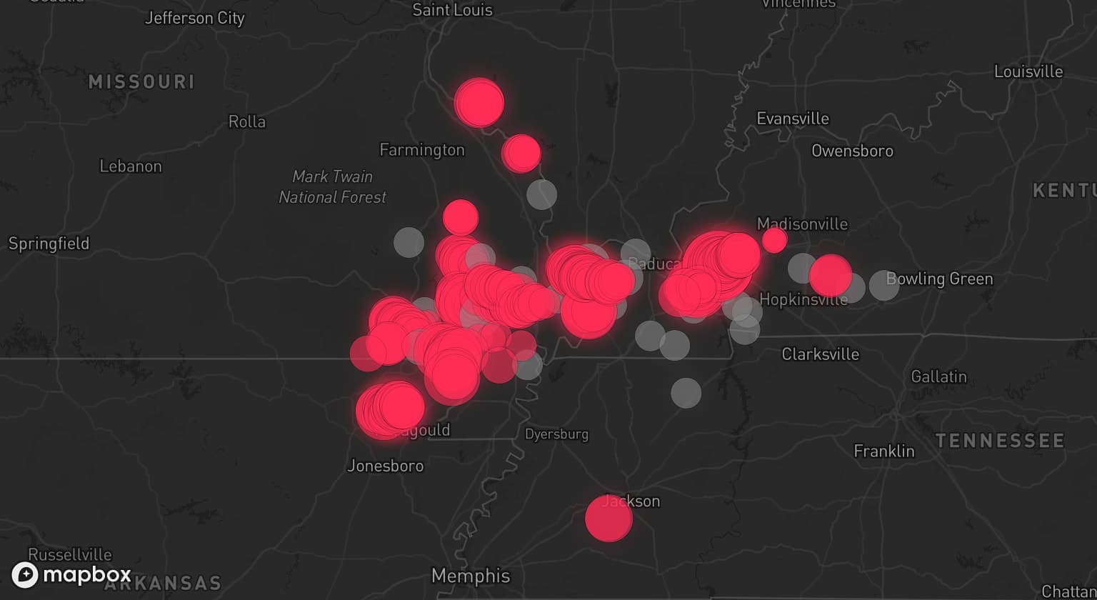 Storm map for 25 areas across Kentucky, Missouri, Arkansas, and Tennessee