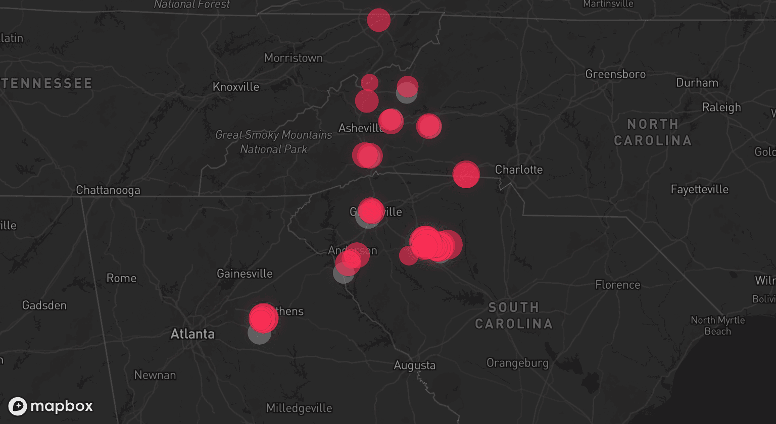 Storm map for 8 areas across South Carolina, Georgia, and North Carolina