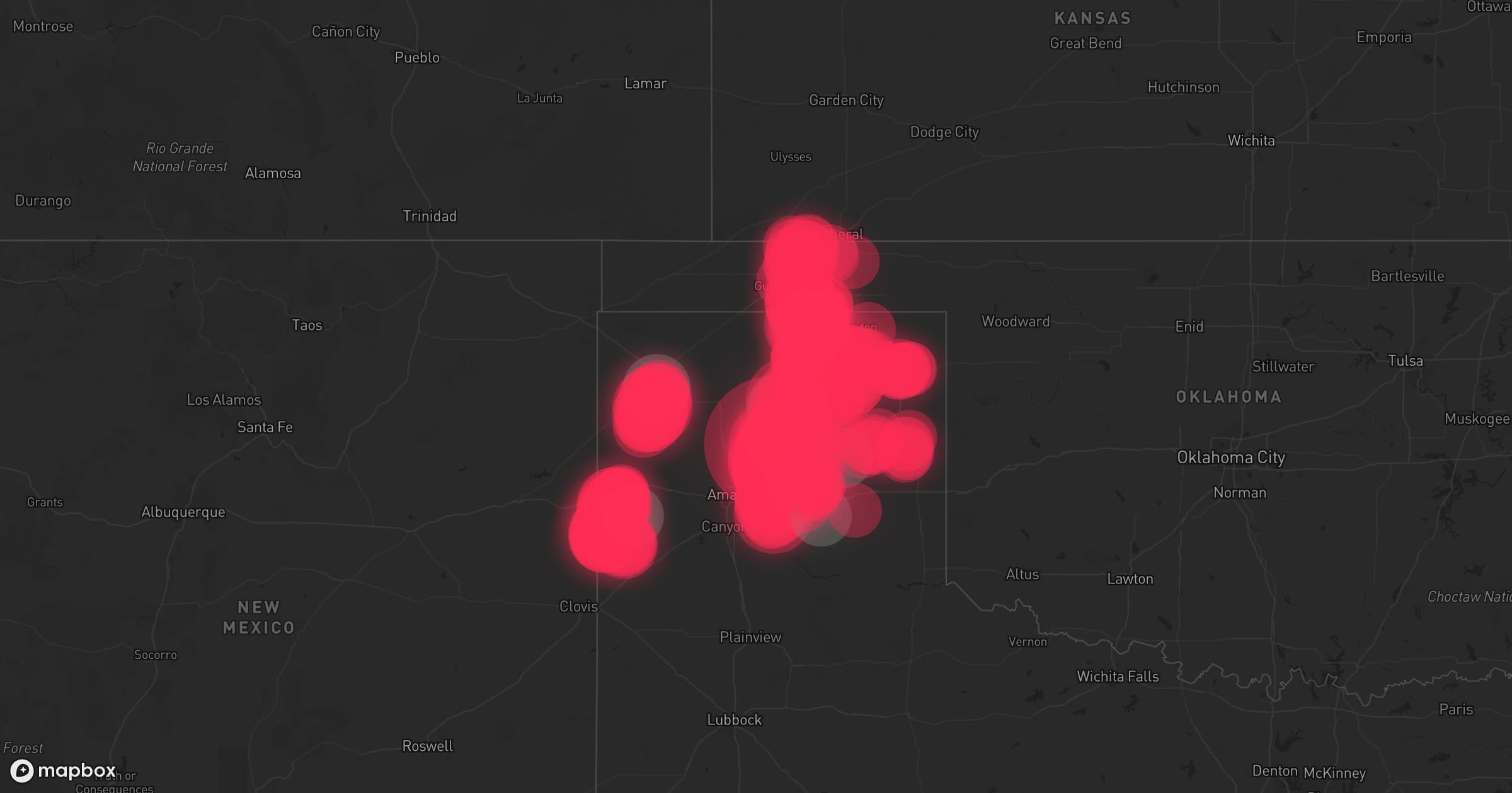 Storm map for 28 areas across Texas, Oklahoma, New Mexico, and Kansas