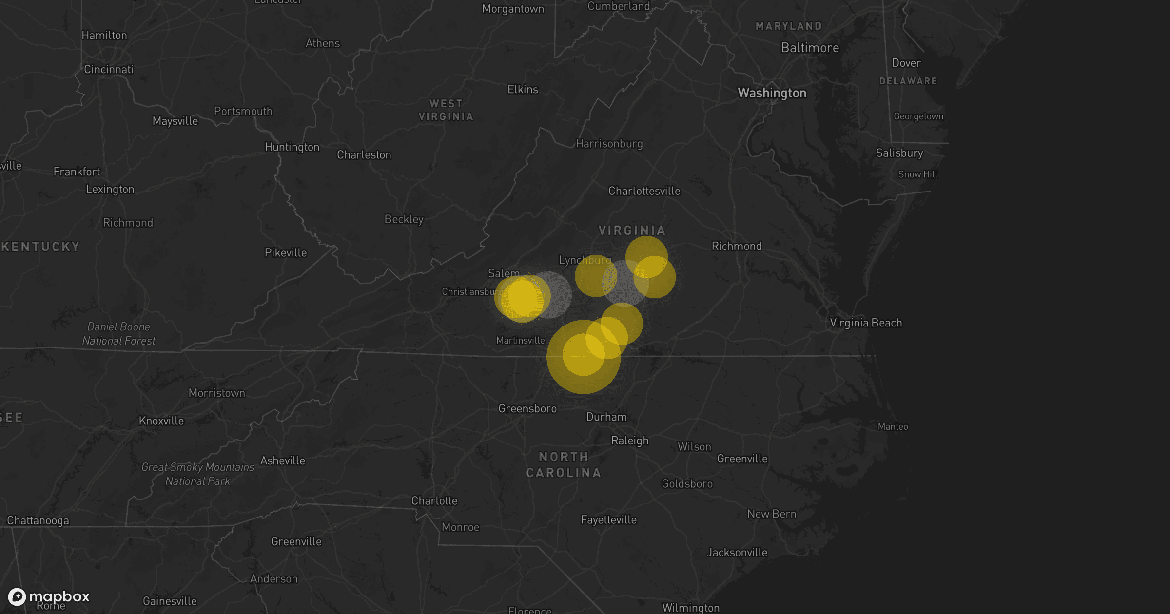 Storm map for 5 areas across North Carolina and Virginia