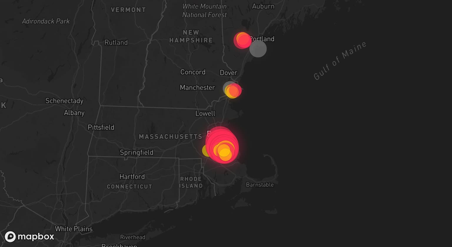 Storm map for 3 areas across Massachusetts, Maine, and New Hampshire