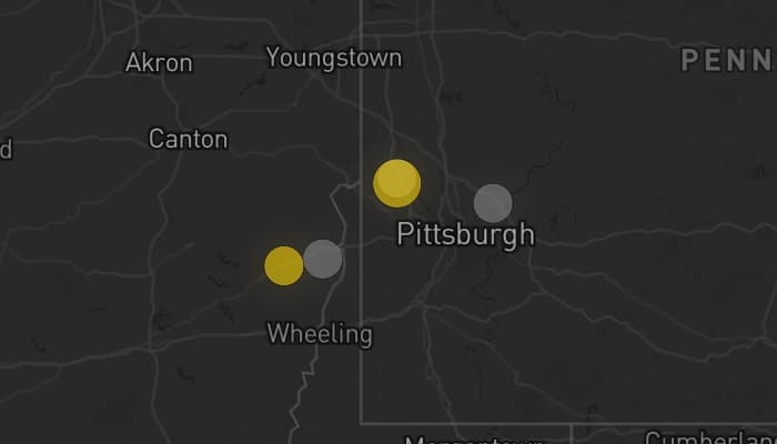 Storm map for 6 areas across Pennsylvania, Ohio, and West Virginia