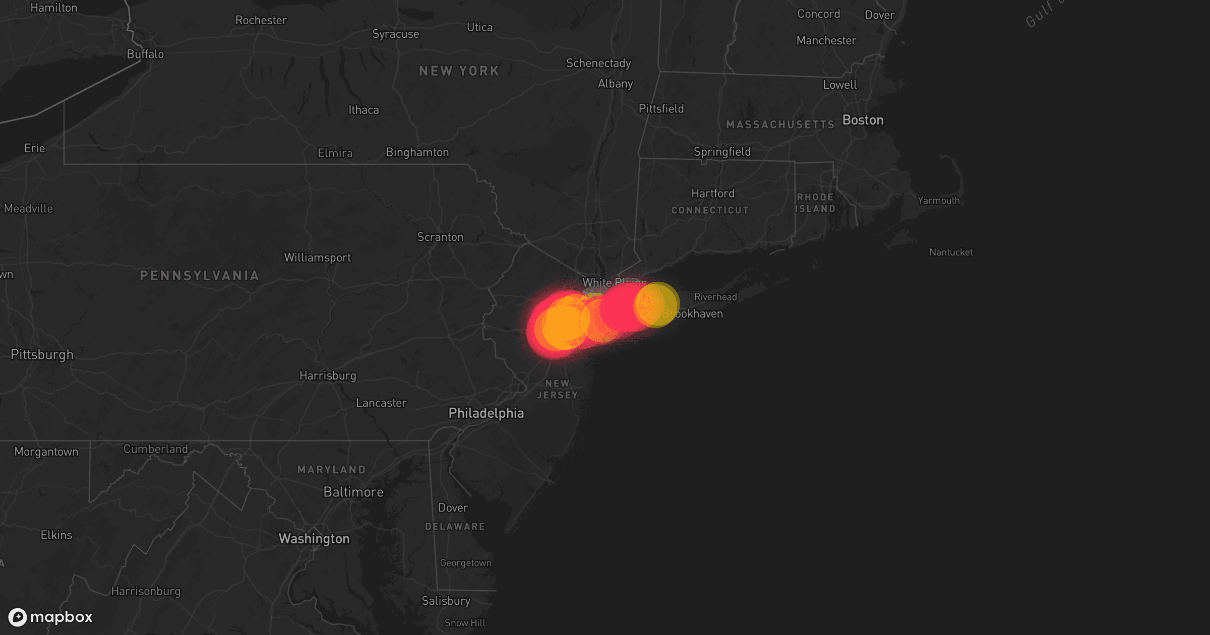Storm map for 14 areas across New Jersey, Delaware, New York, Vermont, Massachusetts, Pennsylvania, and Connecticut
