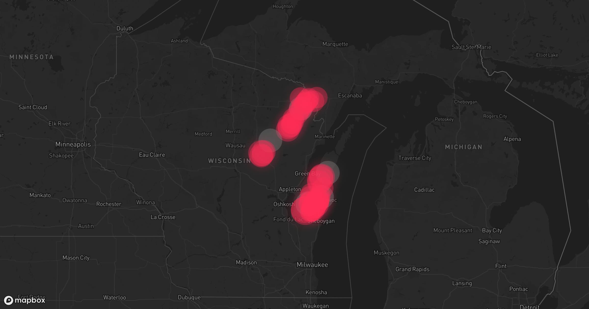 Storm map for 16 areas across Michigan and Wisconsin