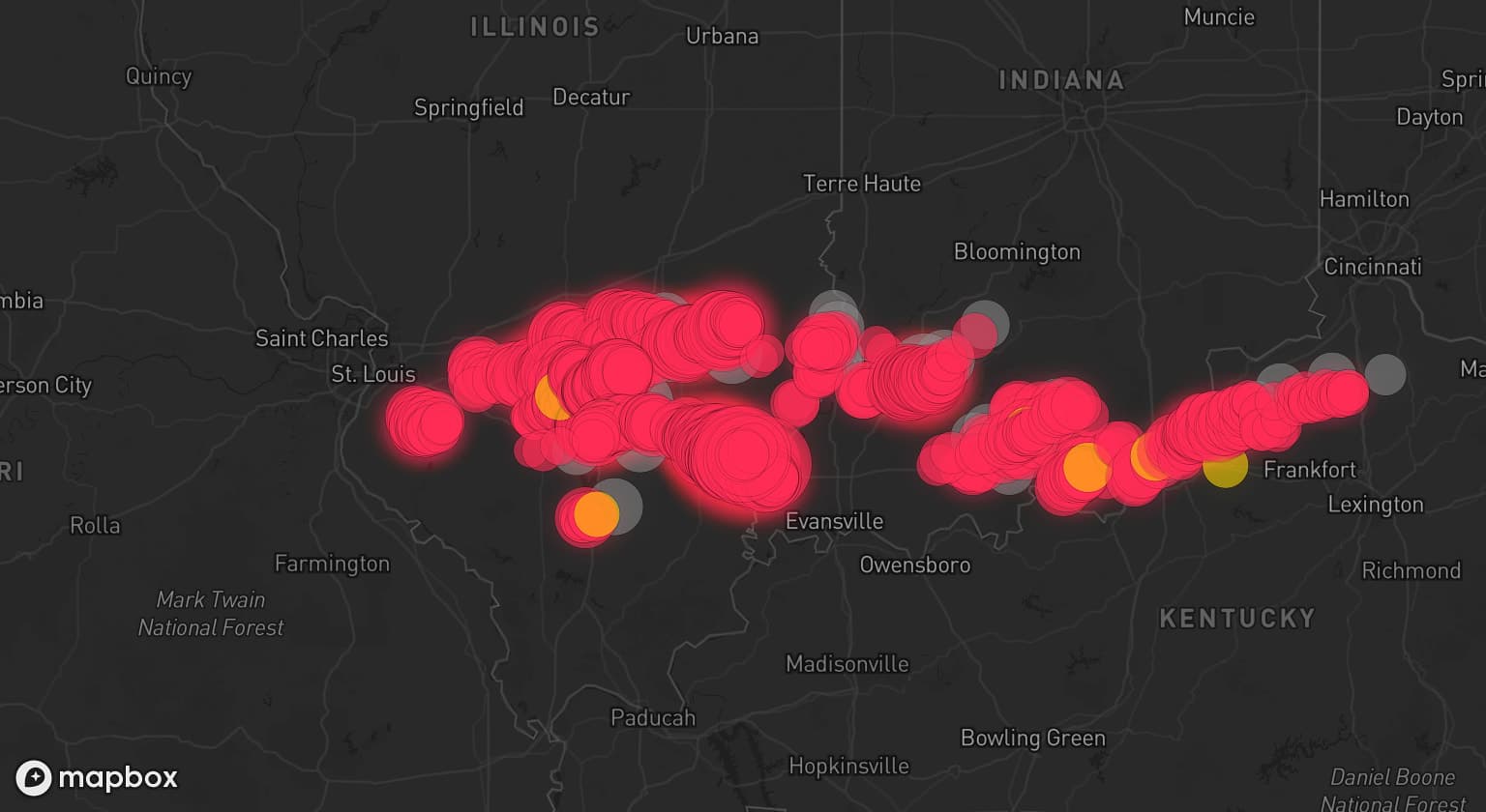Storm map for 29 areas across Indiana, Illinois, and Kentucky
