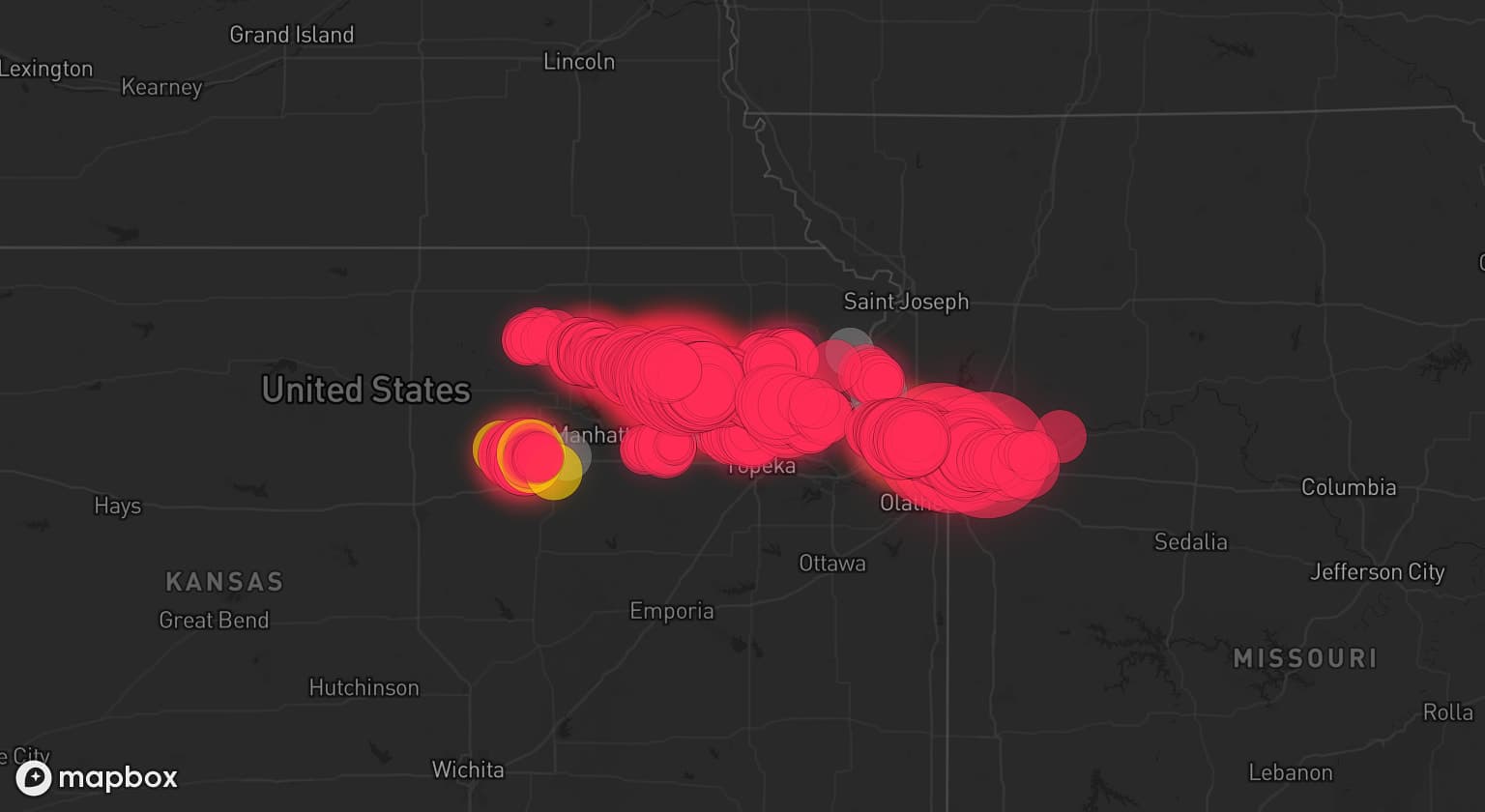 Storm map for 14 areas across Kansas and Missouri