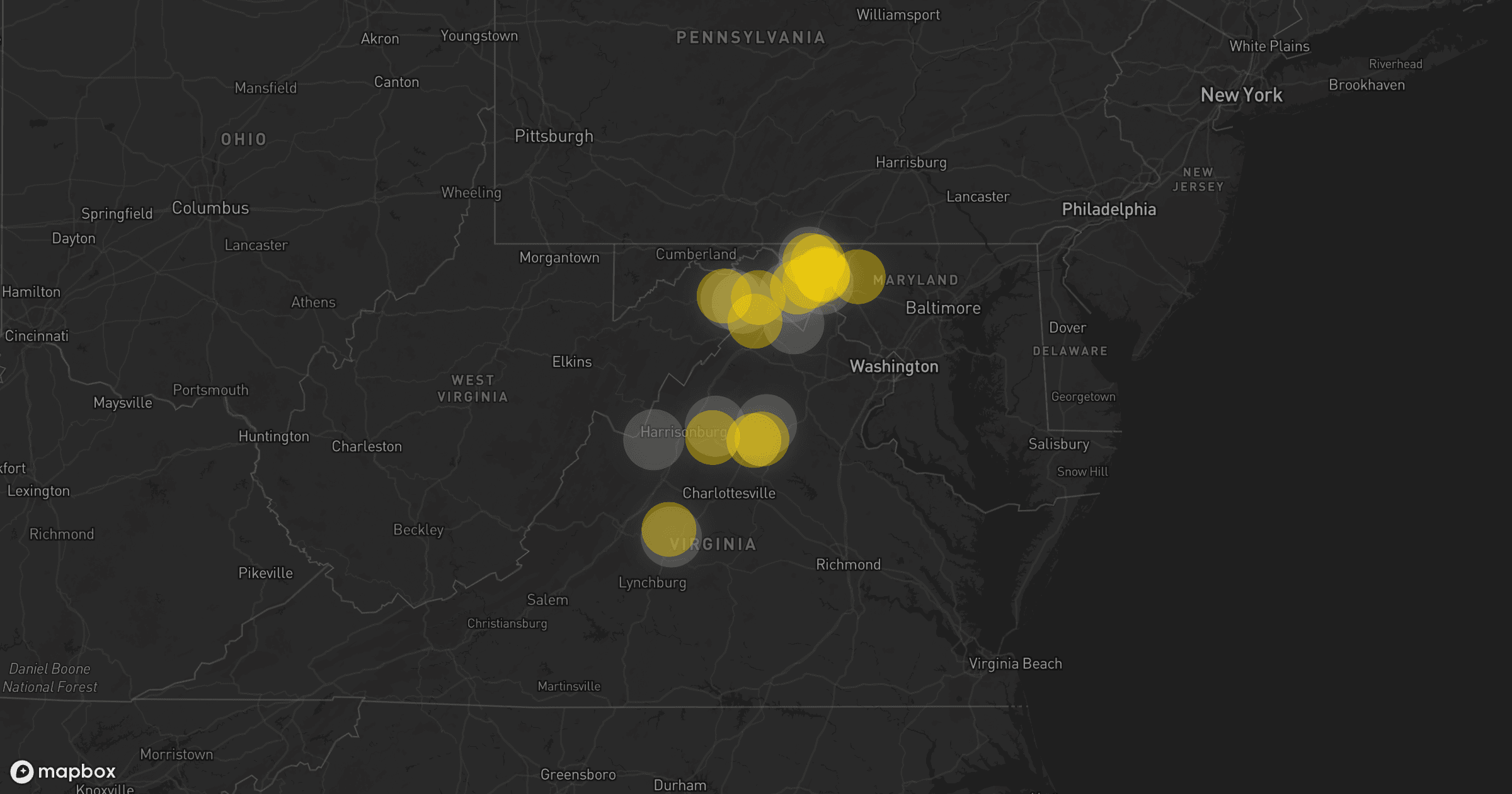 Storm map for 12 areas across West Virginia, Maryland, Pennsylvania, and Virginia