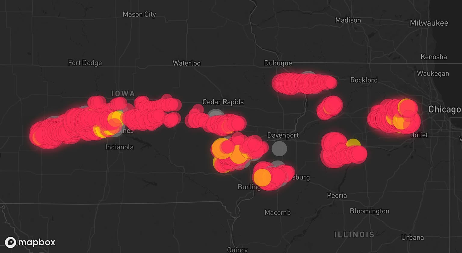 Storm map for 11 areas across Illinois and Iowa