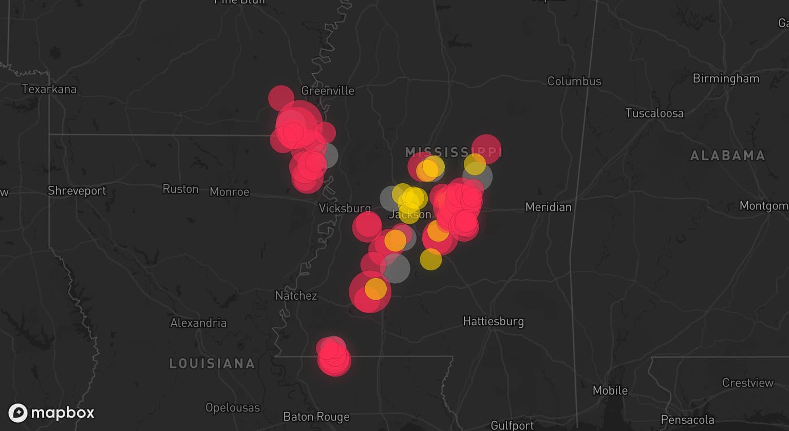 Storm map for 9 areas across Mississippi and Arkansas