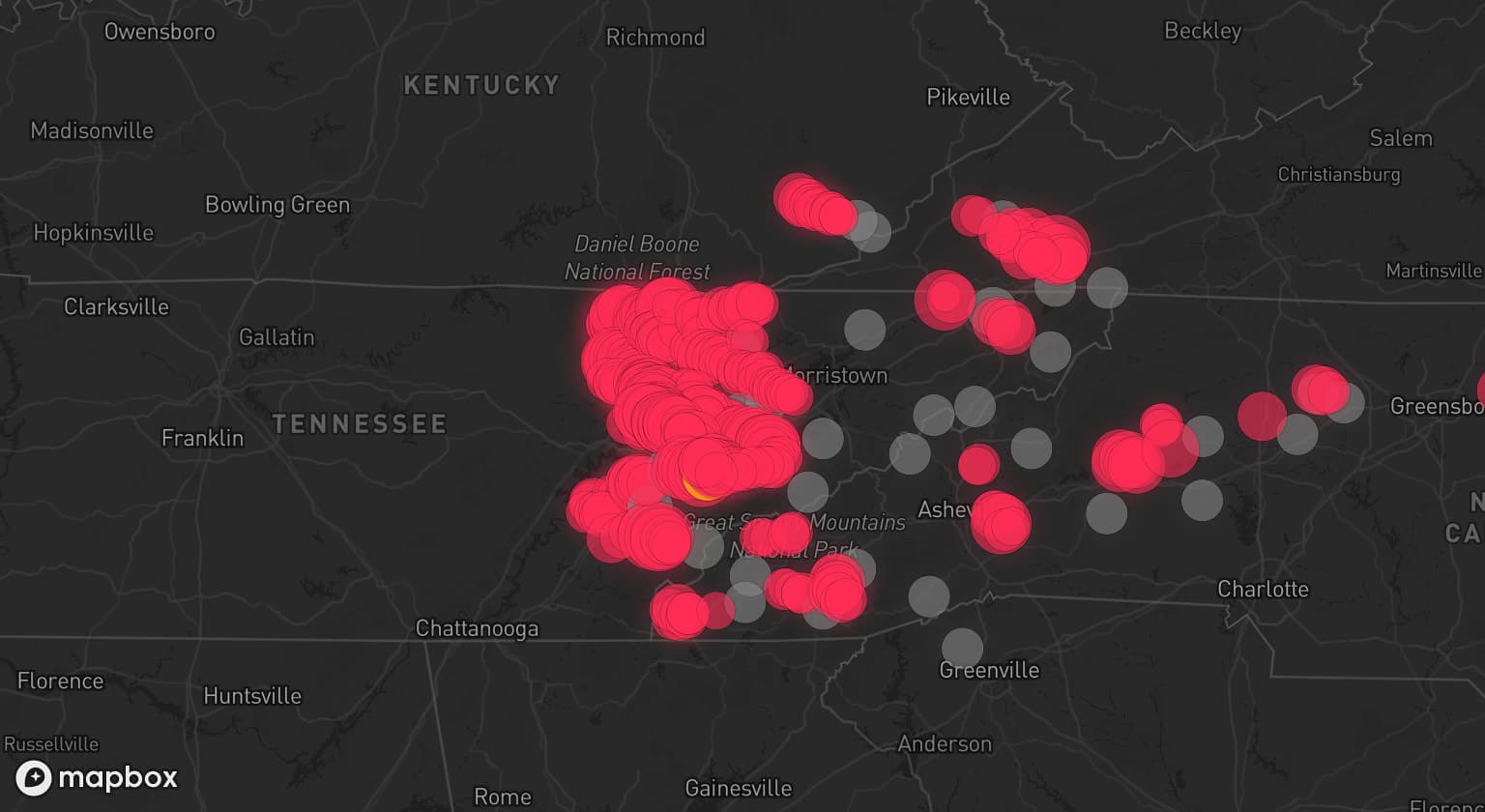 Storm map for 36 areas across Tennessee, North Carolina, Virginia, Kentucky, and South Carolina