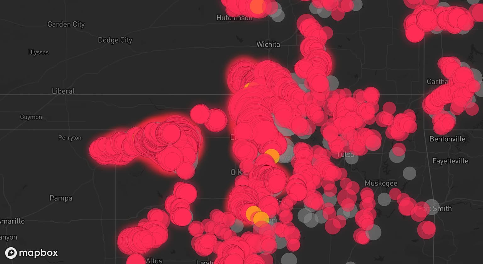 Storm map for 96 areas across Oklahoma, Kansas, Missouri, Illinois, and Texas