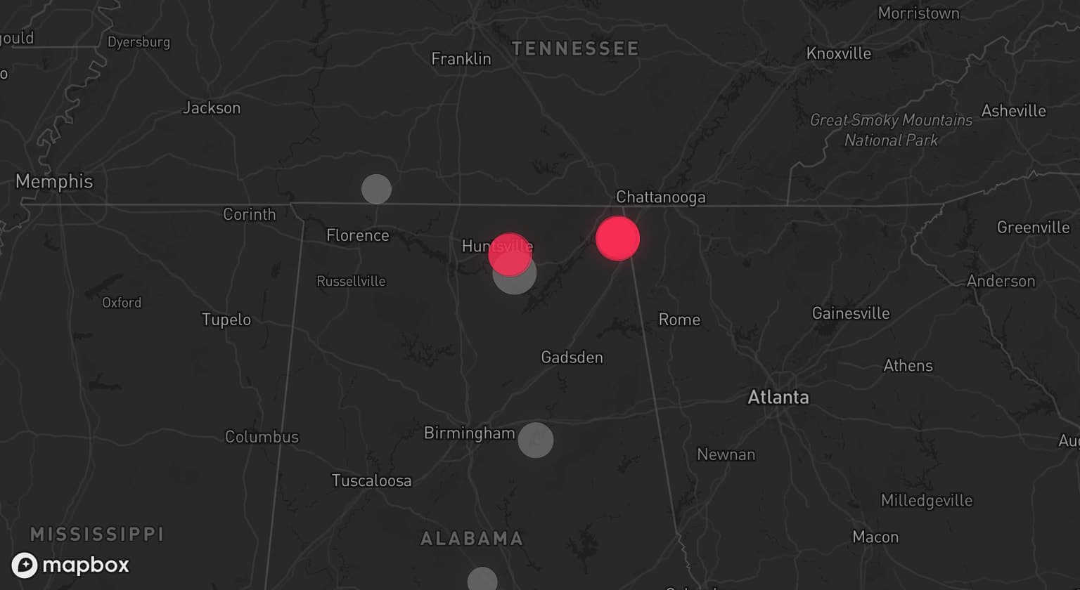 Storm map for 4 areas across Alabama and Tennessee