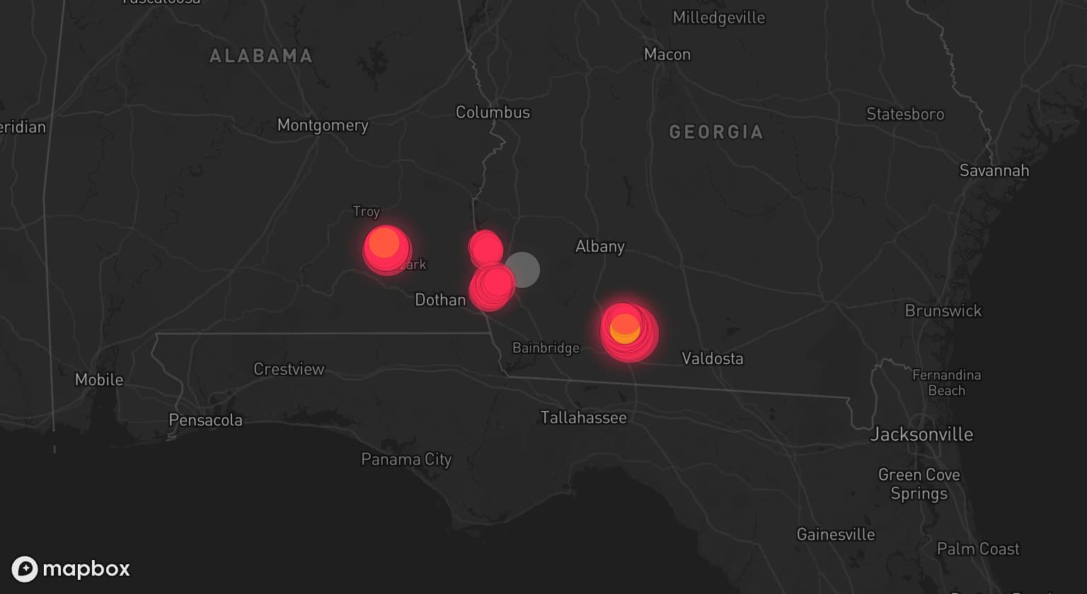 Storm map for 3 areas across Georgia and Alabama