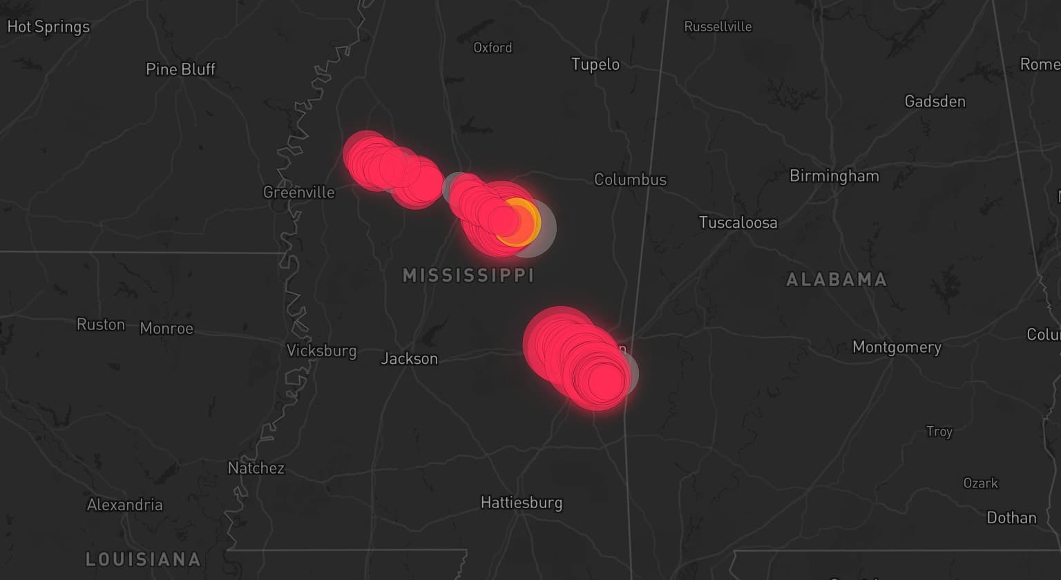 Storm map for 5 areas across Mississippi