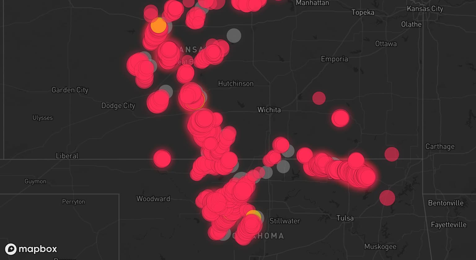Storm map for 28 areas across Kansas and Oklahoma
