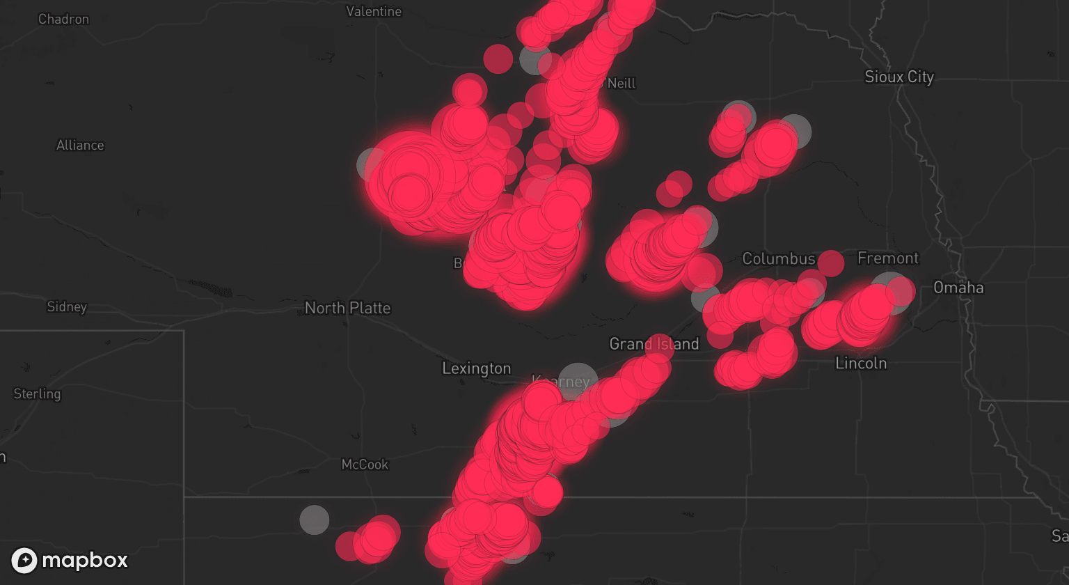 Storm map for 30 areas across Nebraska, Kansas, and South Dakota