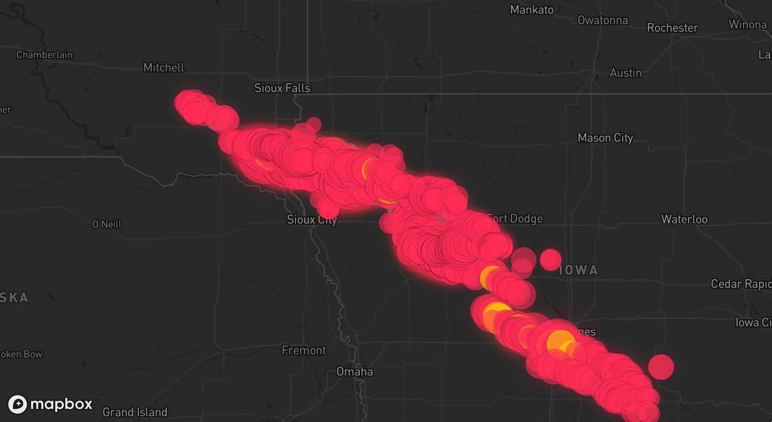 Storm map for 25 areas across South Dakota and Iowa