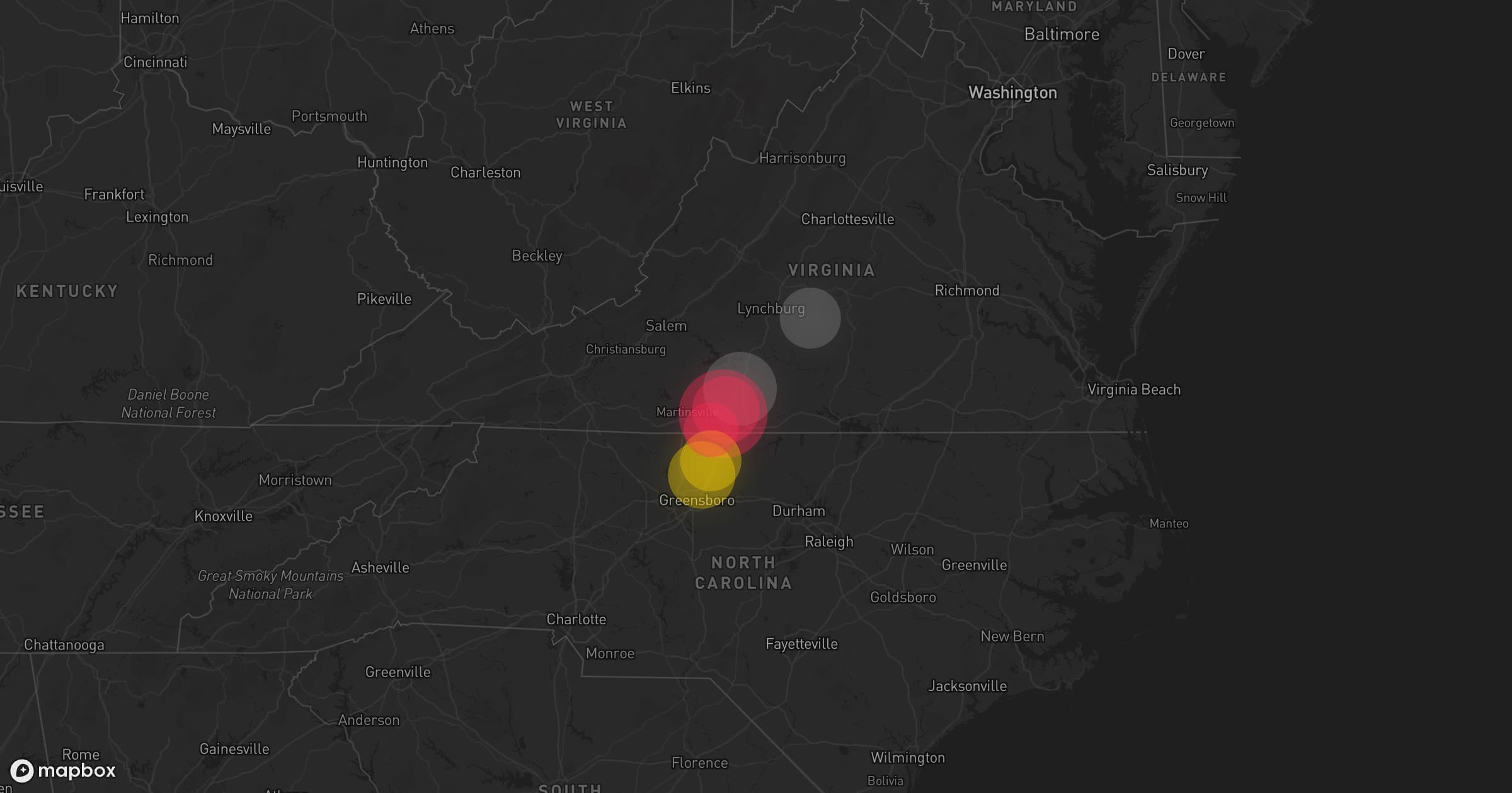 Storm map for 3 areas across Virginia and North Carolina
