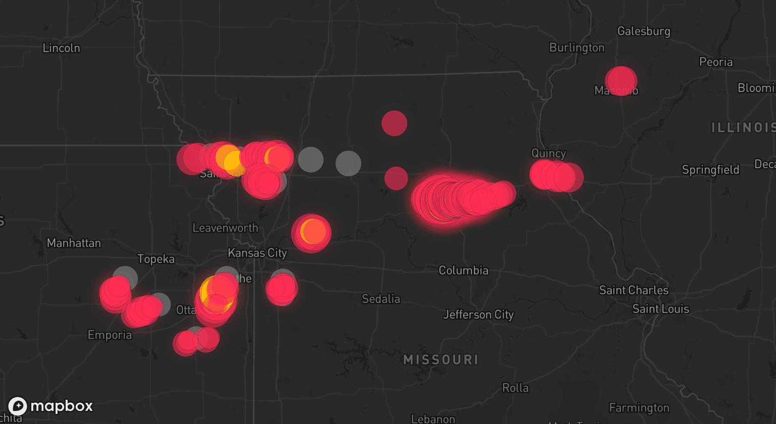 Storm map for 19 areas across Missouri, Kansas, and Illinois