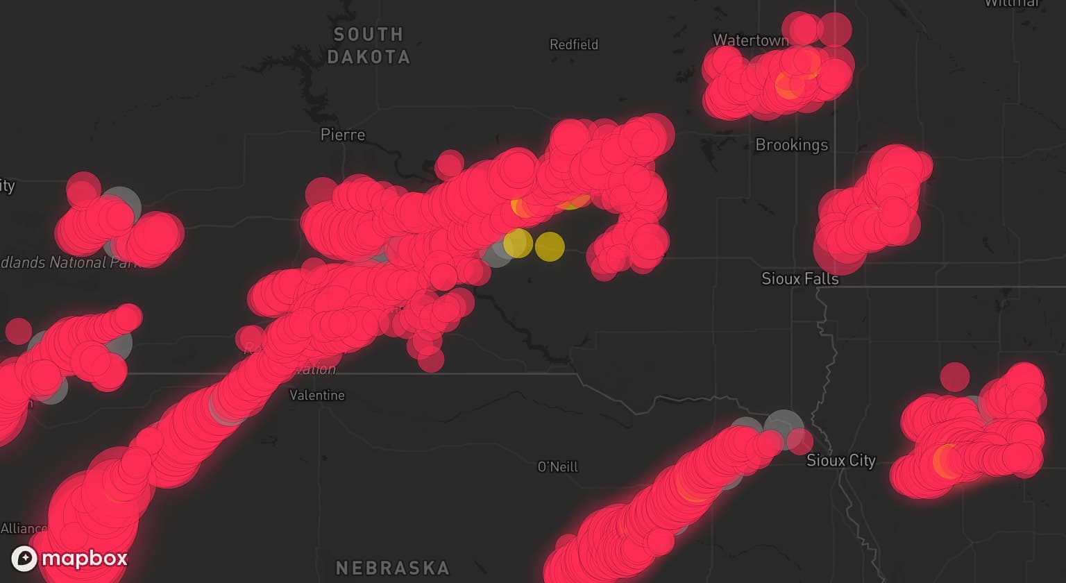 Storm map for 36 areas across Nebraska, Iowa, South Dakota, Wyoming, and Minnesota