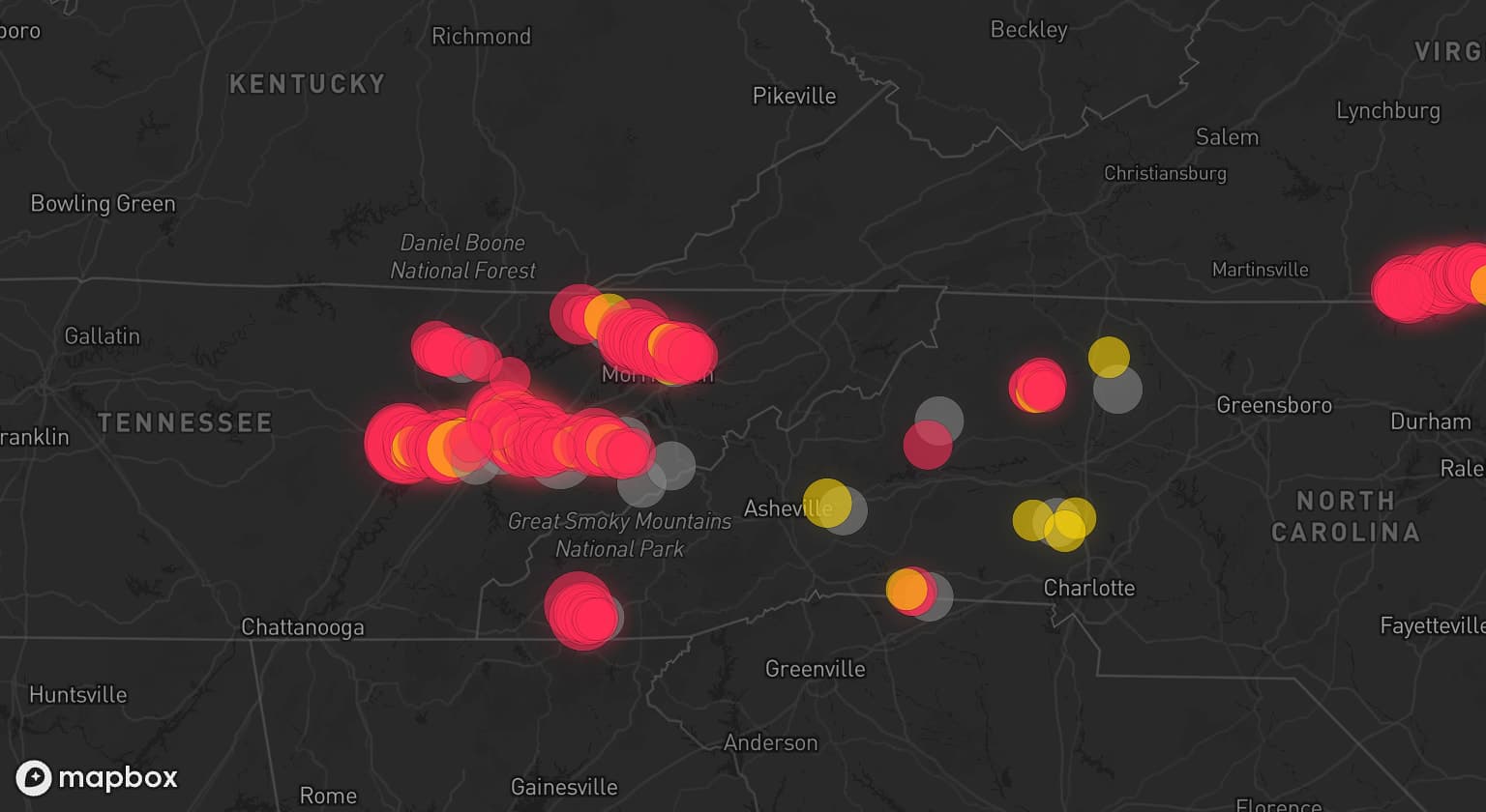 Storm map for 20 areas across Tennessee, North Carolina, and Virginia