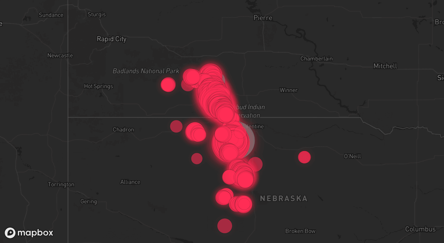 Storm map for 4 areas across Nebraska and South Dakota