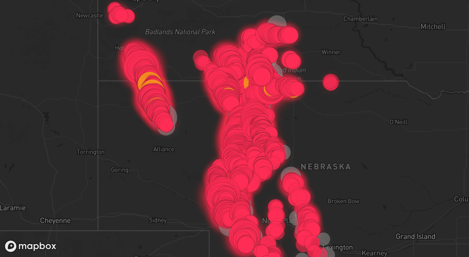 Storm map for 29 areas across Nebraska and South Dakota